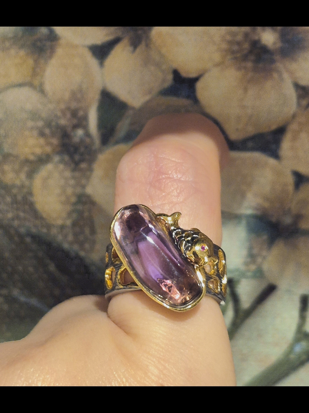 New Adjustable Amethyst Cabochon 925 Sterling Silver + Plated Gold Ring